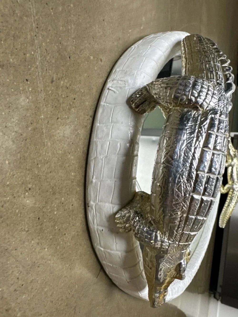Oval White Croc-Texture Mirror Tray with Gold Crocodile Accents